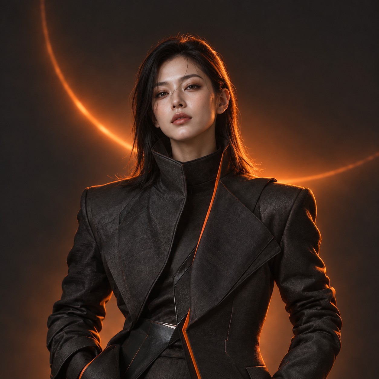 Fictional Asian AI character with black hair and a graphite jacket, illuminated by warm copper light